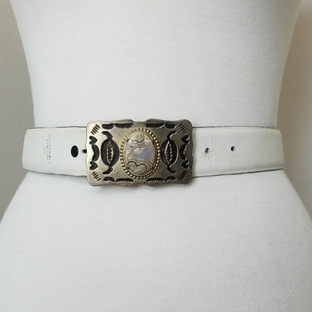 Reversible Dark Green and White Leather Belt
